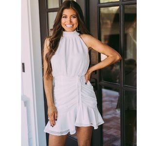 White Halter Neck Chiffon Shirred Dress